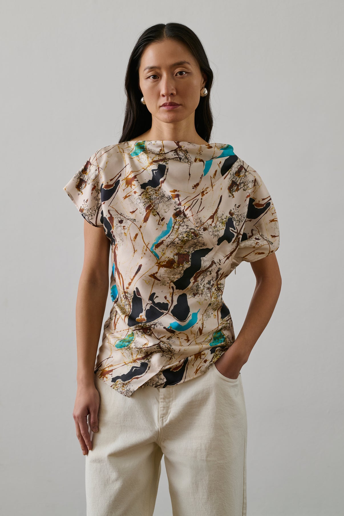 Blouse Fedora - Beige/Turquoise - Soie - Femme vue 1