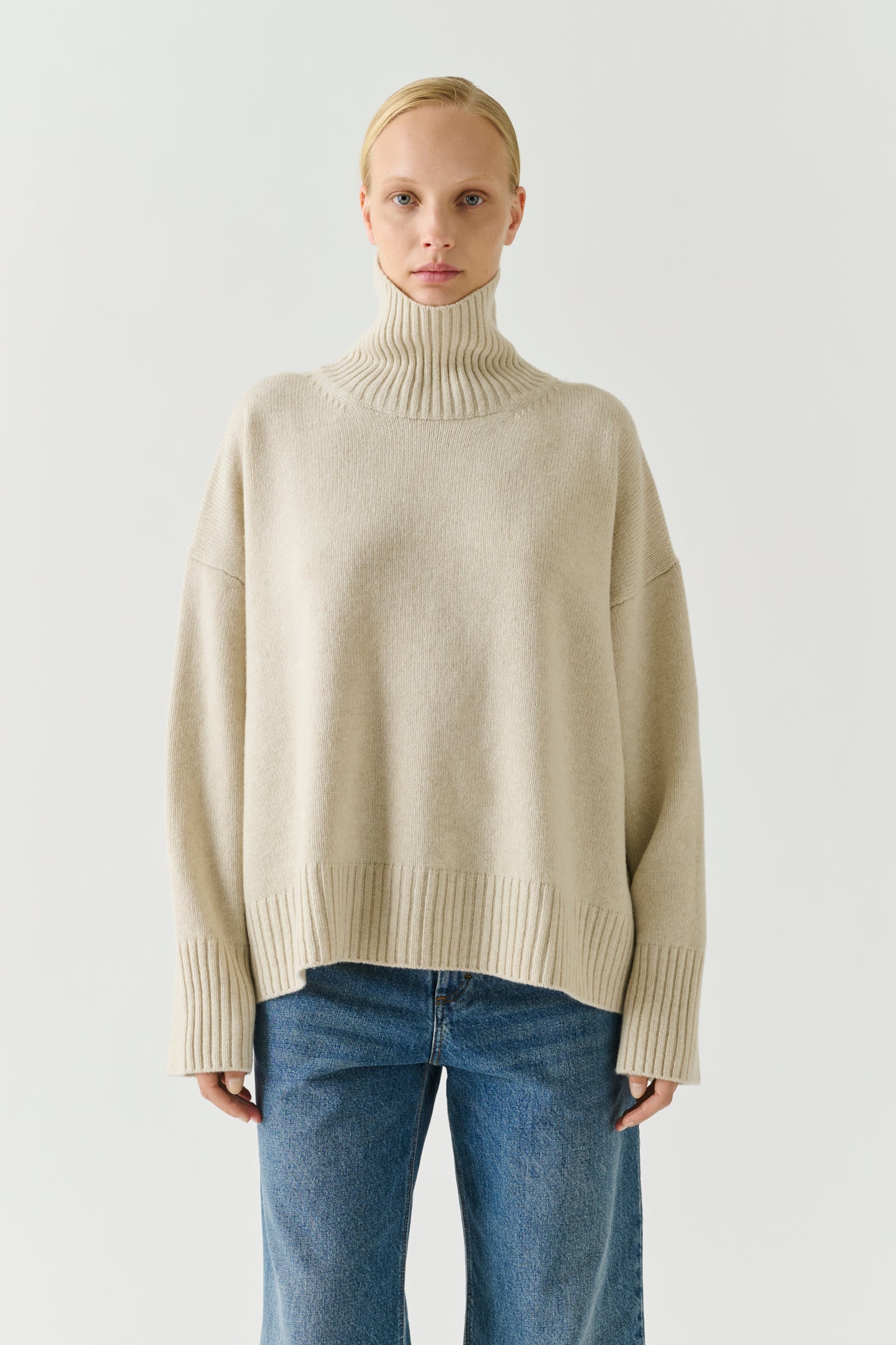 Pullover William - Ecru Meliert Merinowolle Stehkragen - Soeur