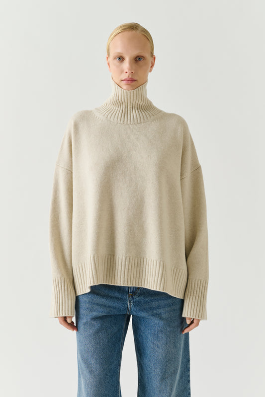 Pullover William - Ecru Meliert Merinowolle Stehkragen - Soeur